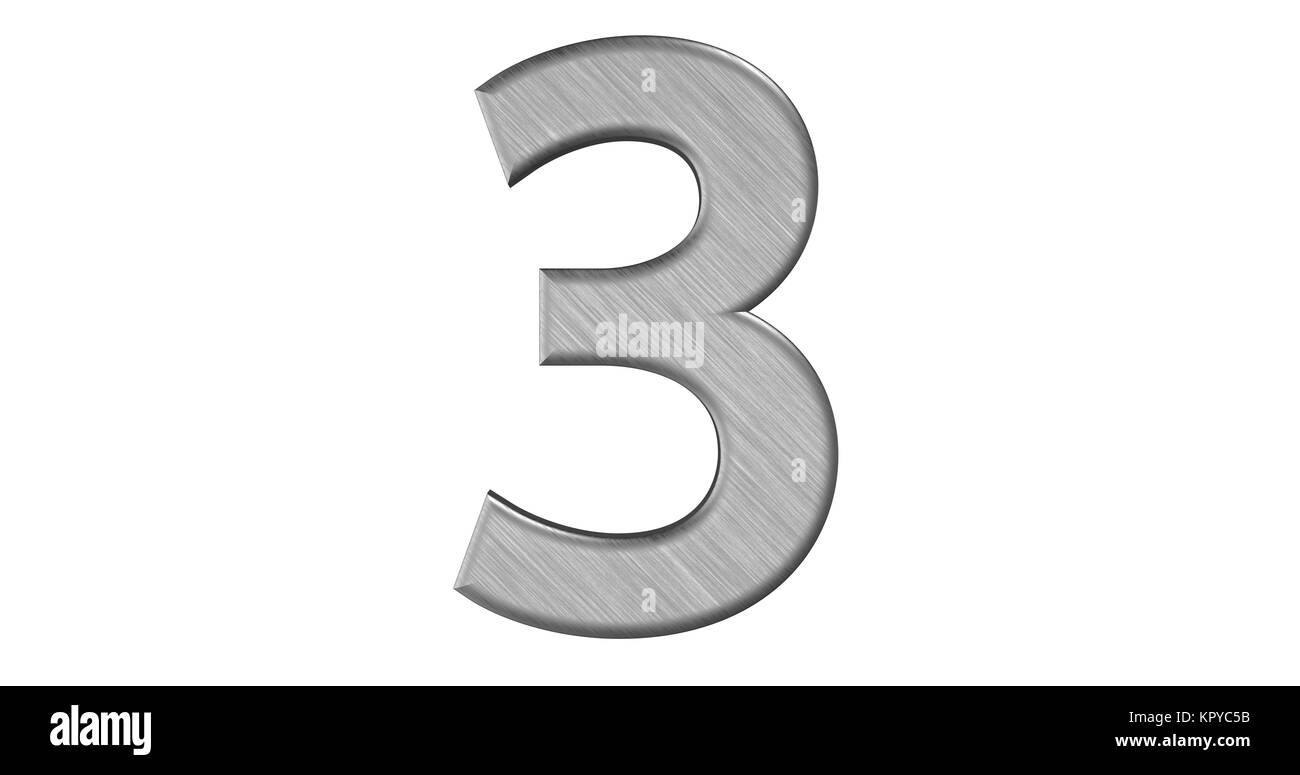 Die 3D-Darstellung des Briefes 3 in gebürstetem Metall auf einem weißen Hintergrund isoliert Stockfoto