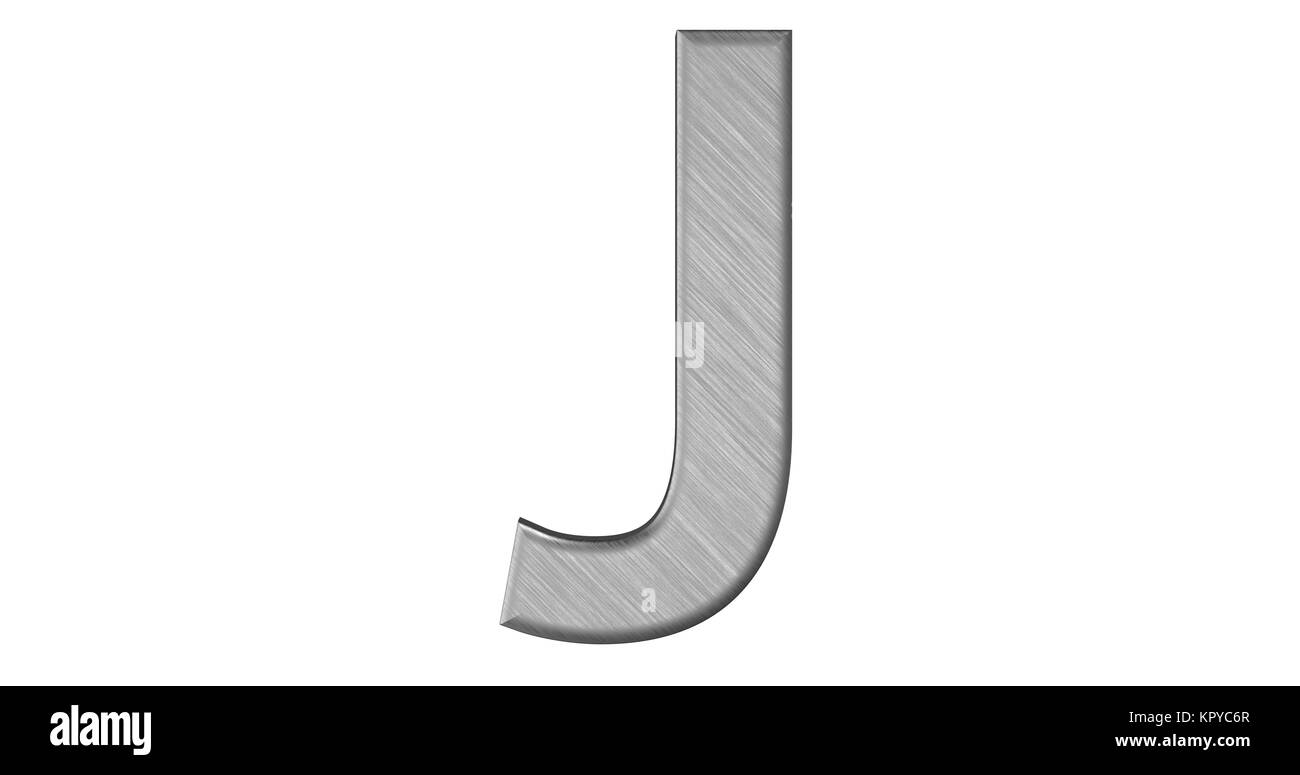 Die 3D-Darstellung der Buchstaben J in gebürstetem Metall auf einem weißen Hintergrund isoliert Stockfoto