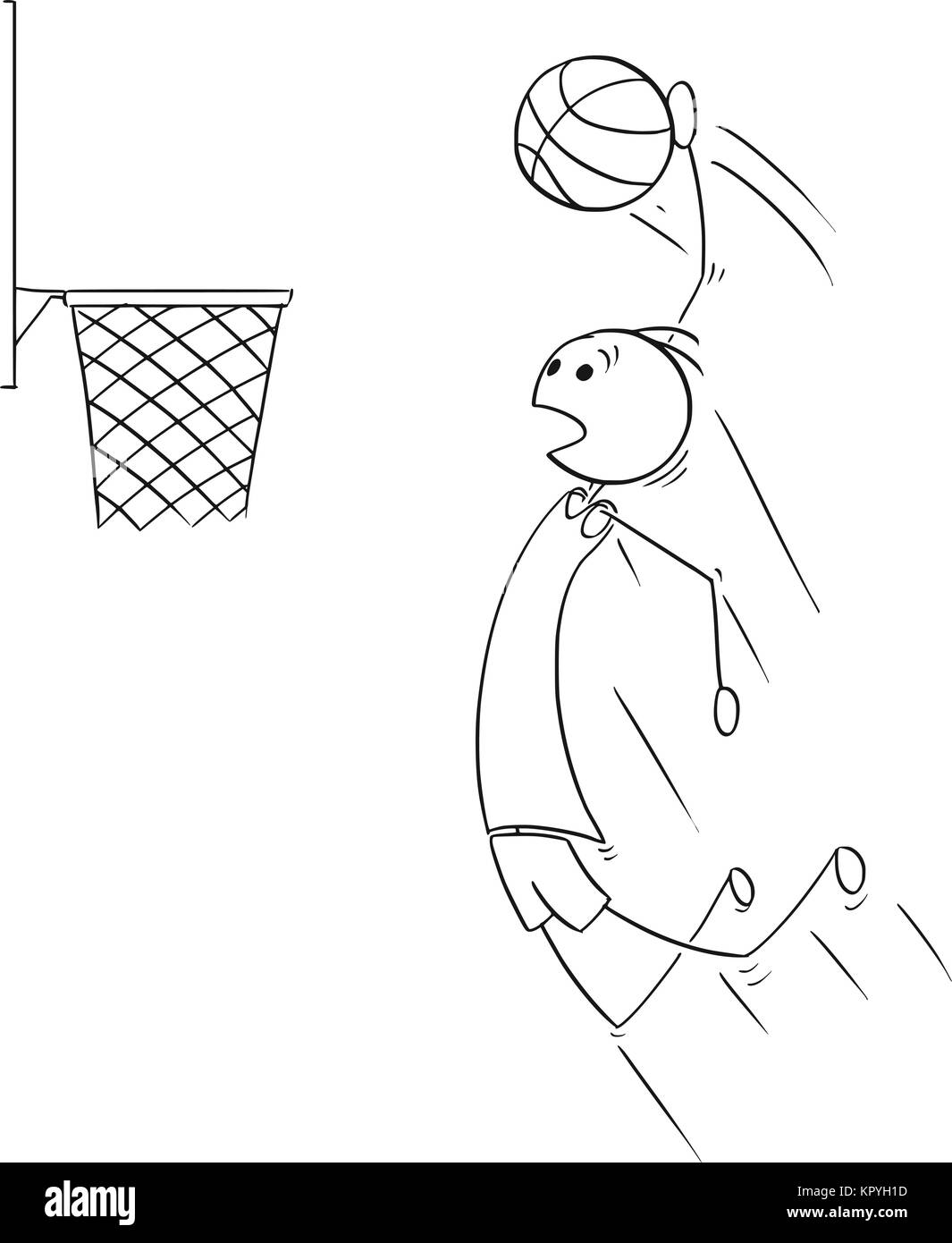Cartoon stick Mann Zeichnung Abbildung: Basketball Spieler springen und Scoring Ziel. Stock Vektor