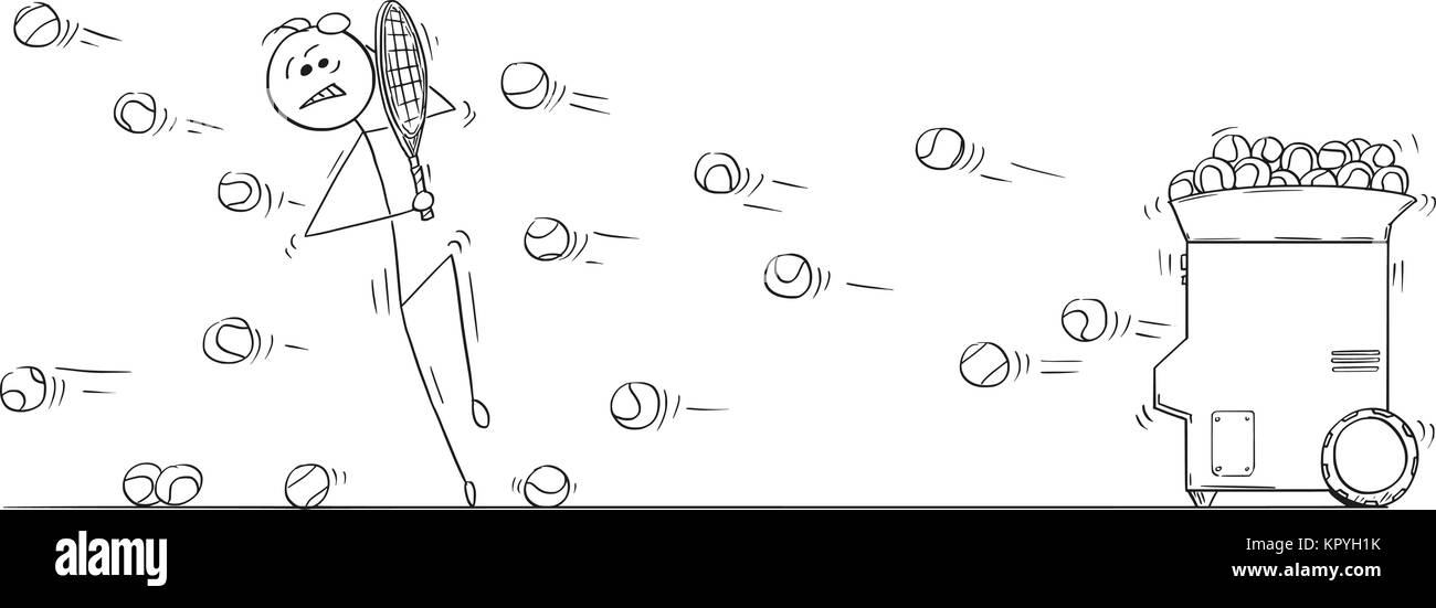 Cartoon stick Mann Zeichnung Abbildung: Mann männlicher Spieler schützen sich beim Spielen gegen Tennis Training ball launcher Maschine. Stock Vektor