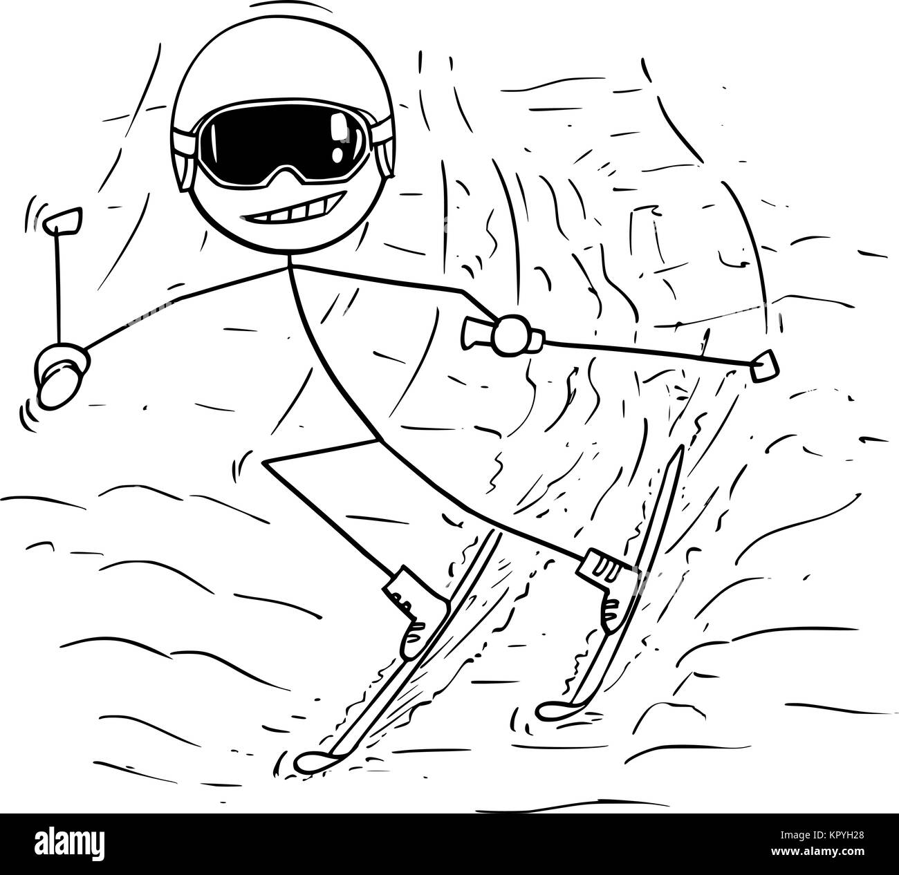 Cartoon stick Mann Zeichnung Abbildung der männlichen Ski Abfahrt im kalten Winter Sport. Stock Vektor