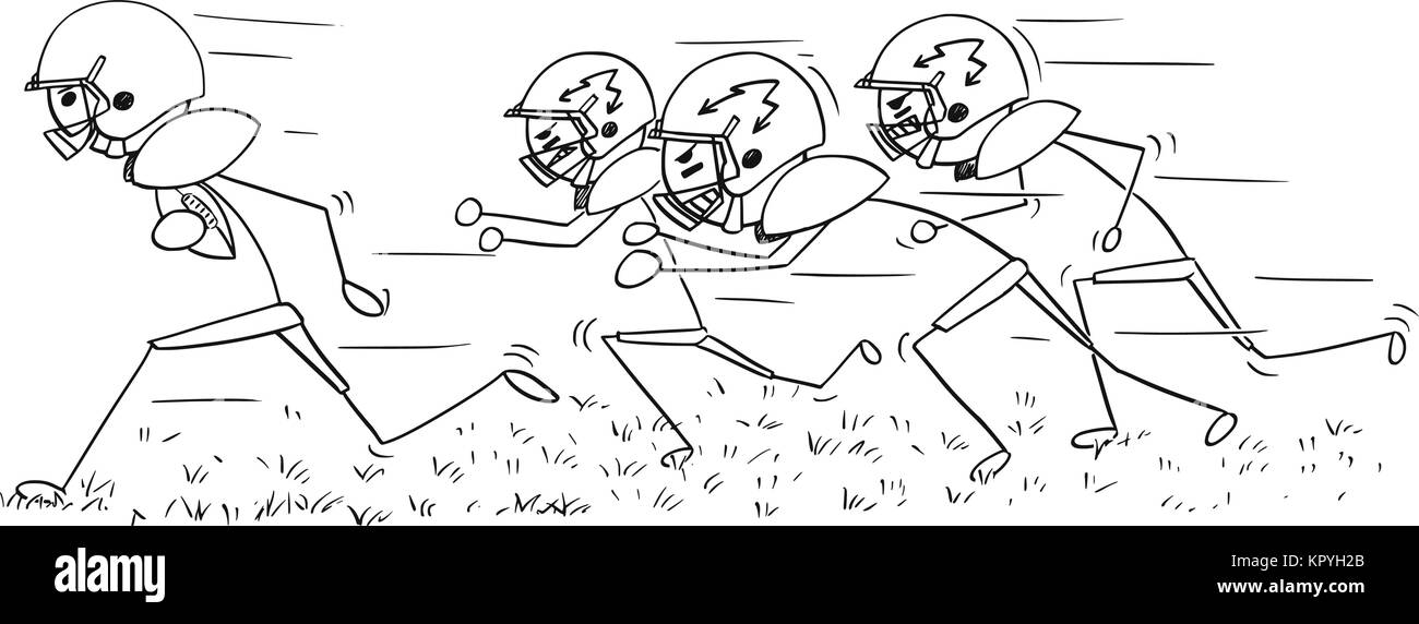 Cartoon stick Mann Zeichnung Abbildung: American Football Spieler mit Ball von Verteidiger verfolgt Stock Vektor