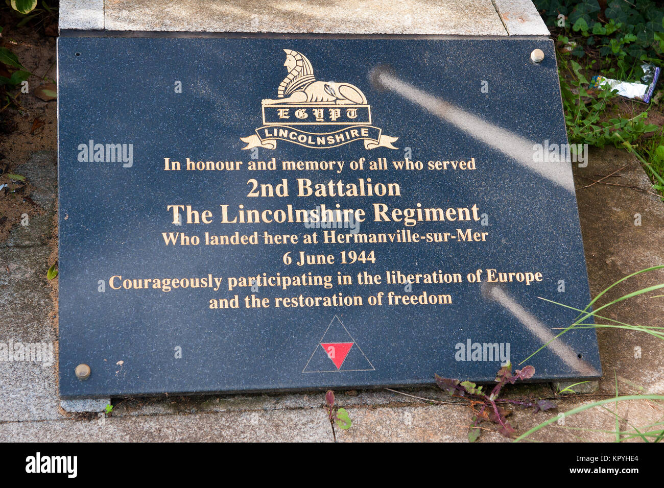 Denkmal für die Lincolnshire Regiment bei Hermanville-sur-Mer, Normandie, in den ersten Momenten der Aliied Invasion befreit, 6. Juni 1944 Stockfoto