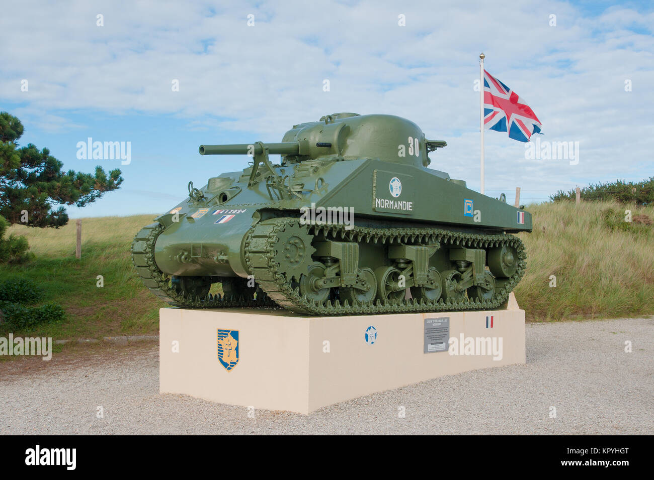 M4 Sherman Panzer in der Freien französischen Markierungen, bewahrt und am Utah Beach, Normandie, wo die Freien Französischen an Land kam angezeigt Stockfoto