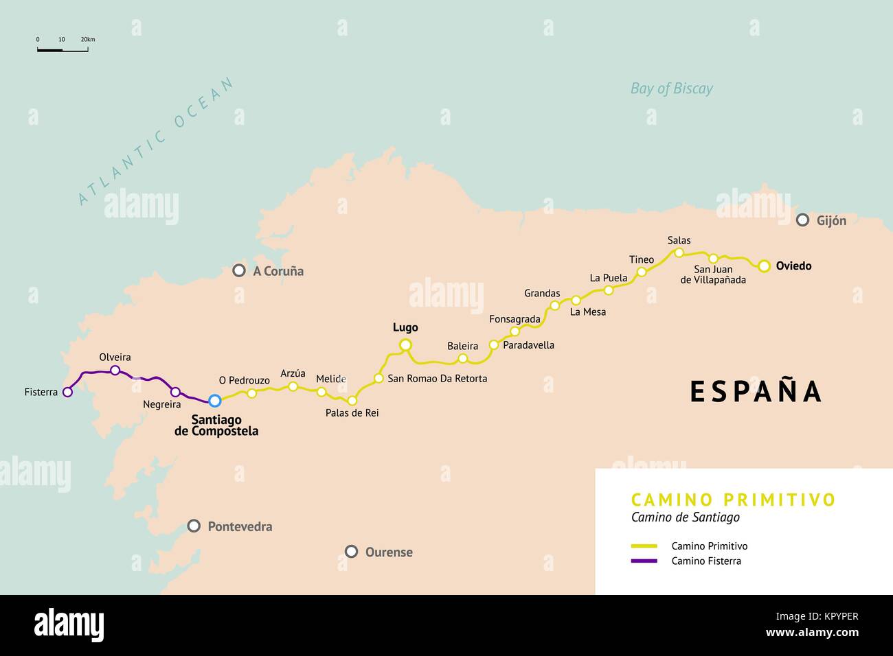 Camino Primitivo Karte. Ursprüngliche Route von Oviedo. Camino de Santiago oder dem Jakobsweg. Alten Pilgerweges nach Santiago de Compostella auf Stock Vektor