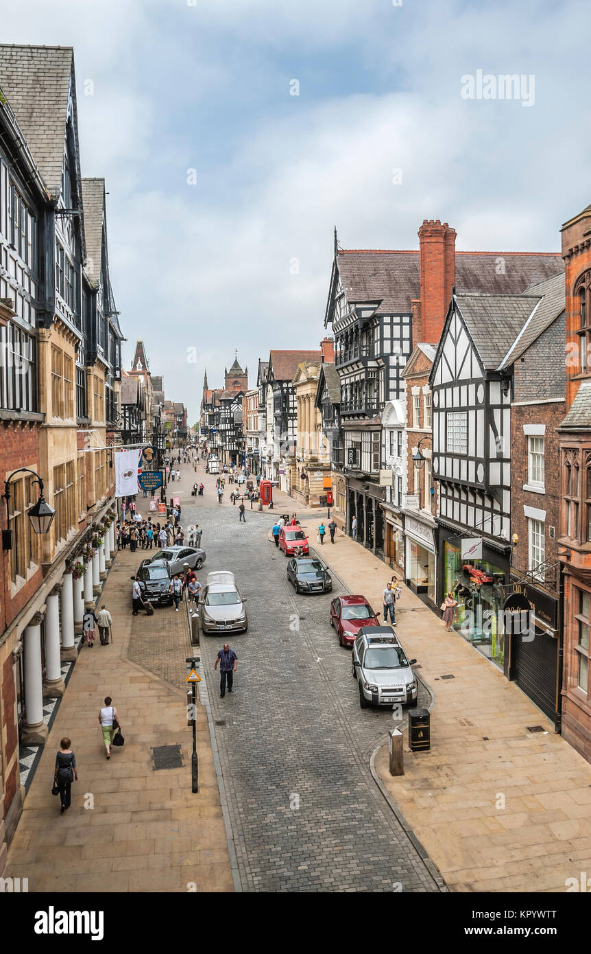 Stadtbild in der Altstadt von Chester, Cheshire, England, Großbritannien Stockfoto