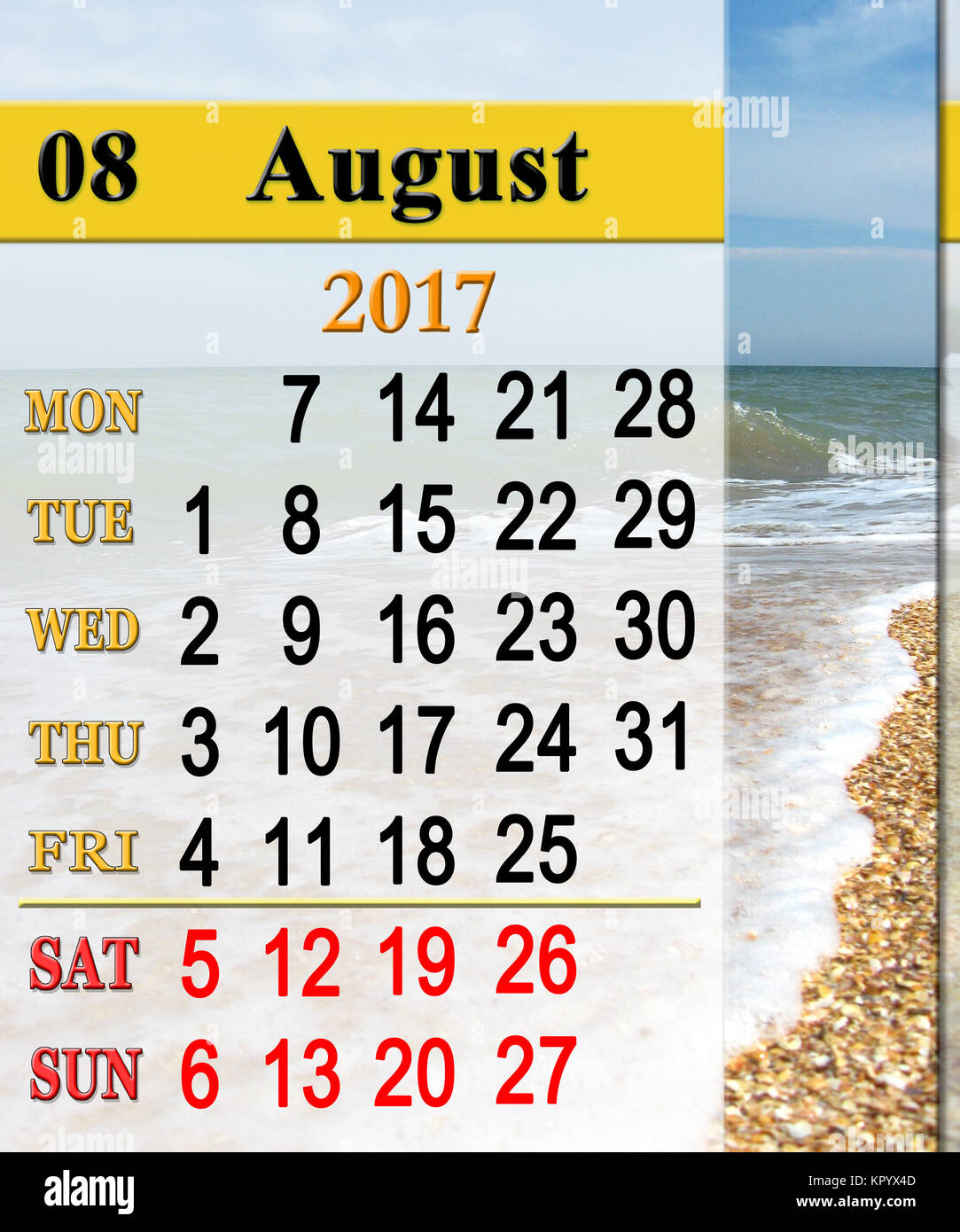 Kalender für August 2017 mit Seashore Stockfoto