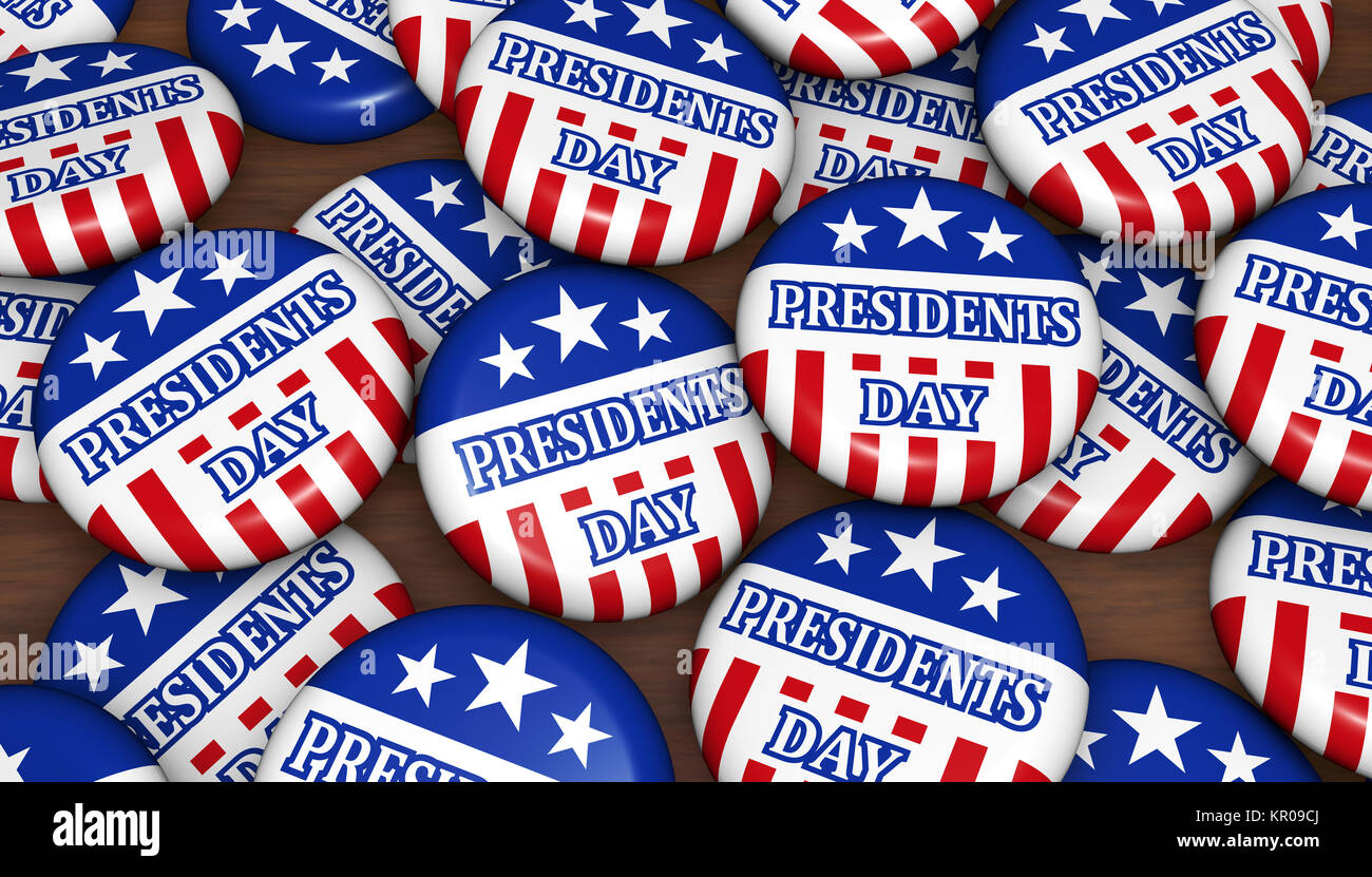Presidents' Day USA Urlaub Konzept mit amerikanischer Flagge Farben und Zeichen auf Abzeichen 3D-Abbildung. Stockfoto
