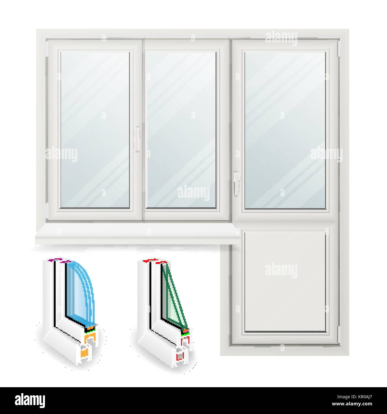 Kunststoff Fenster Vektor. Geöffnete Tür. Home weißes Fenster Design Konzept. Auf weissem Hintergrund Abbildung isoliert Stock Vektor