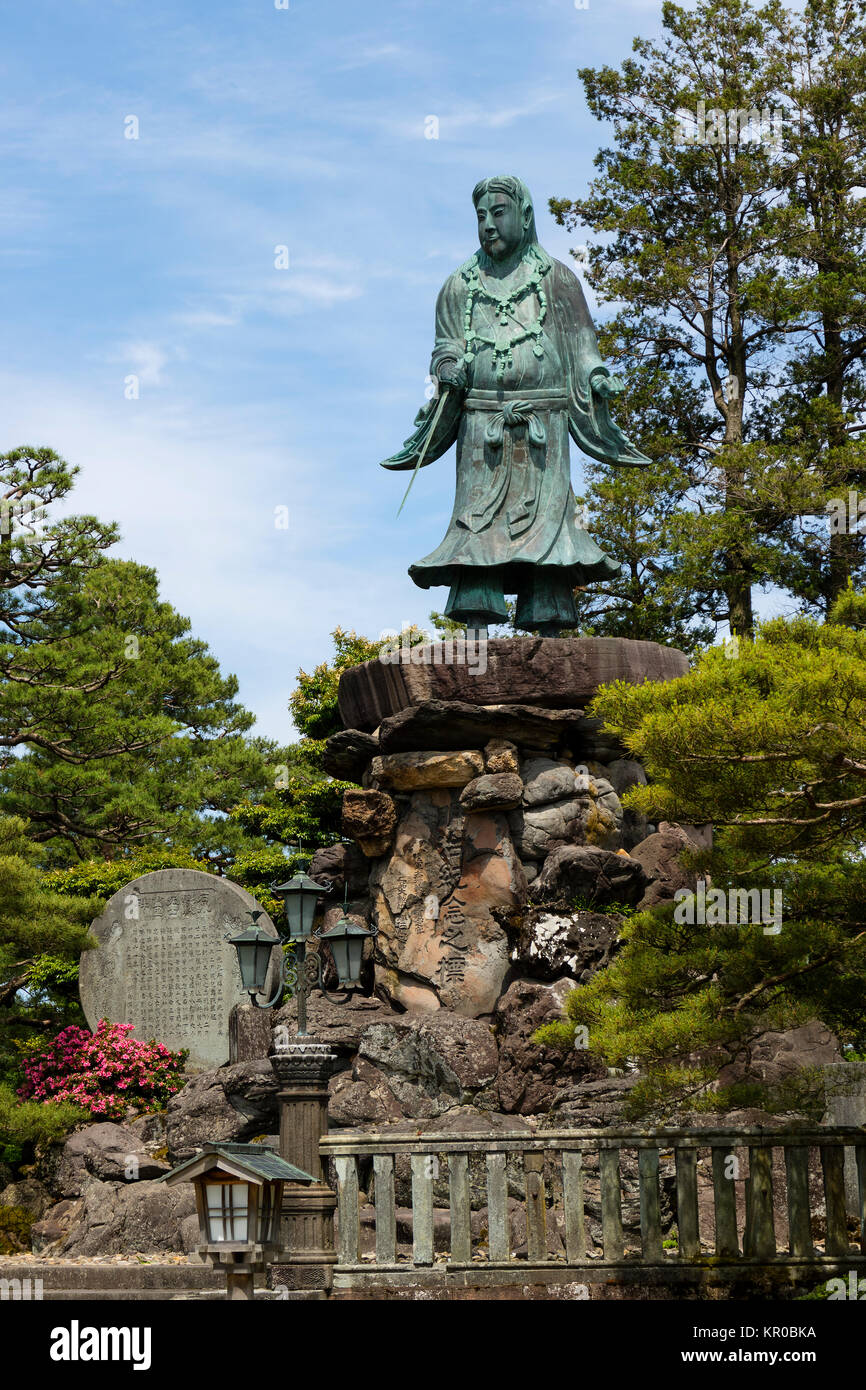Kanazawa, Japan, 9. Juni 2017: Statue von Prinz Yamato Takeru, einem Japanischen mythologischen Helden, in Kanasawa Gyokuseninmaru Garten am Schloss Stockfoto
