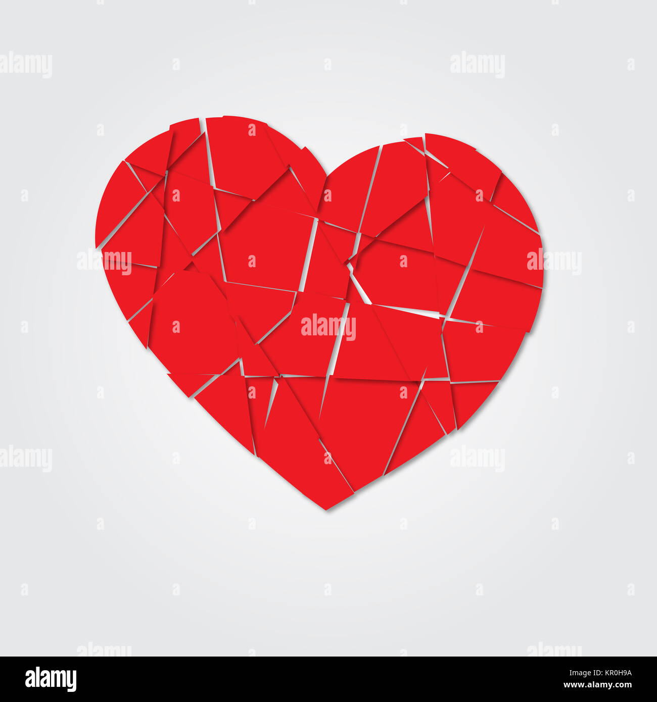 Rotes Herz. Gebrochenes Herz. Scherben der Herzen. Symbol gebrochene