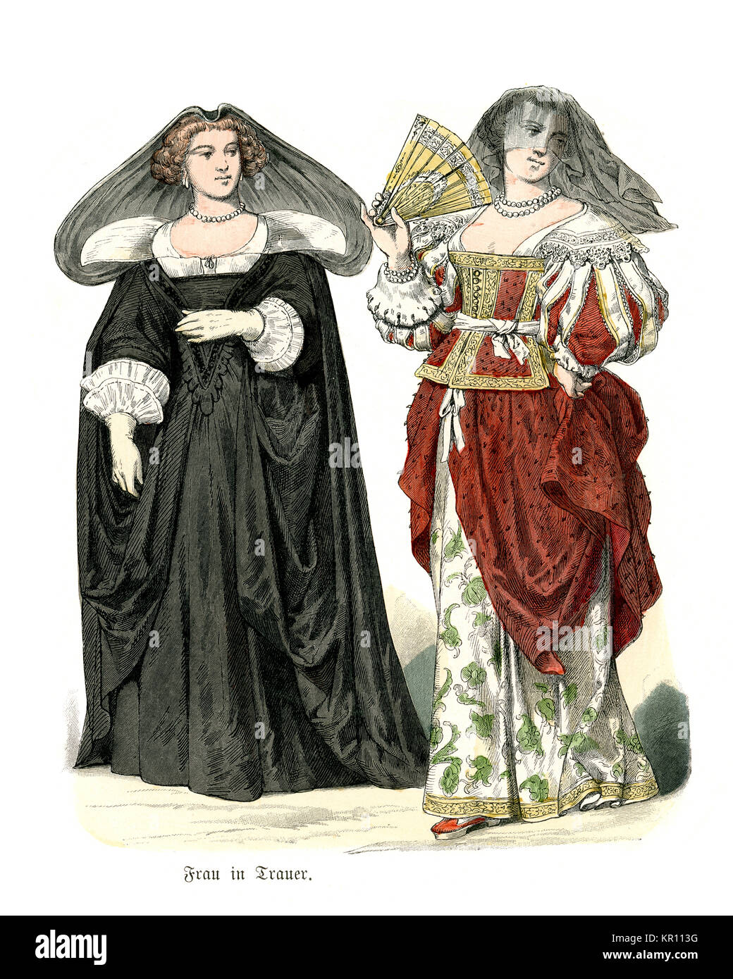 Geschichte der Mode, Kostüme der Französischen noblewomen in Trauer, aus der Mitte des 17. Jahrhunderts Stockfoto