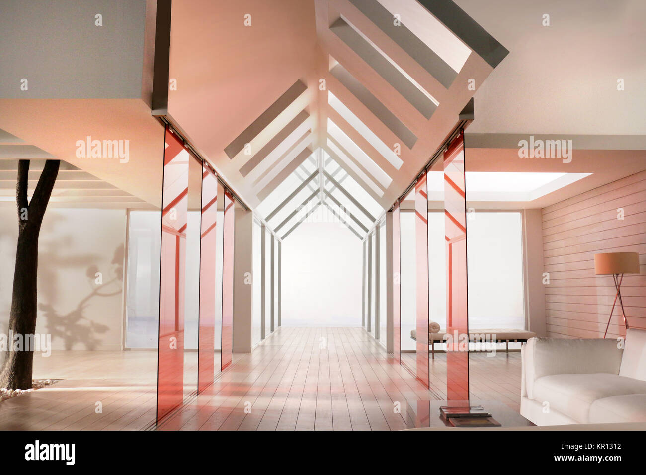 Die orange Transparenz Glaswand gemacht das orange Licht auf dem Flur Stockfoto