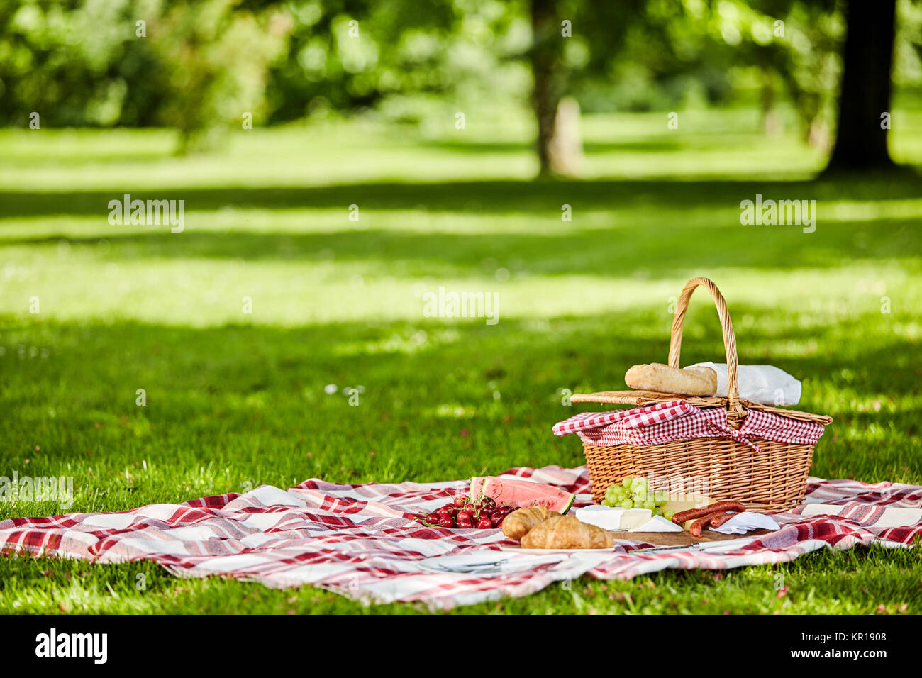 Leckeres Picknick mit frischem Obst, Brot, würzige Wurst und Käse verteilen sich auf einer rot-weiß karierte Tuch in einem üppigen Spring Park Stockfoto
