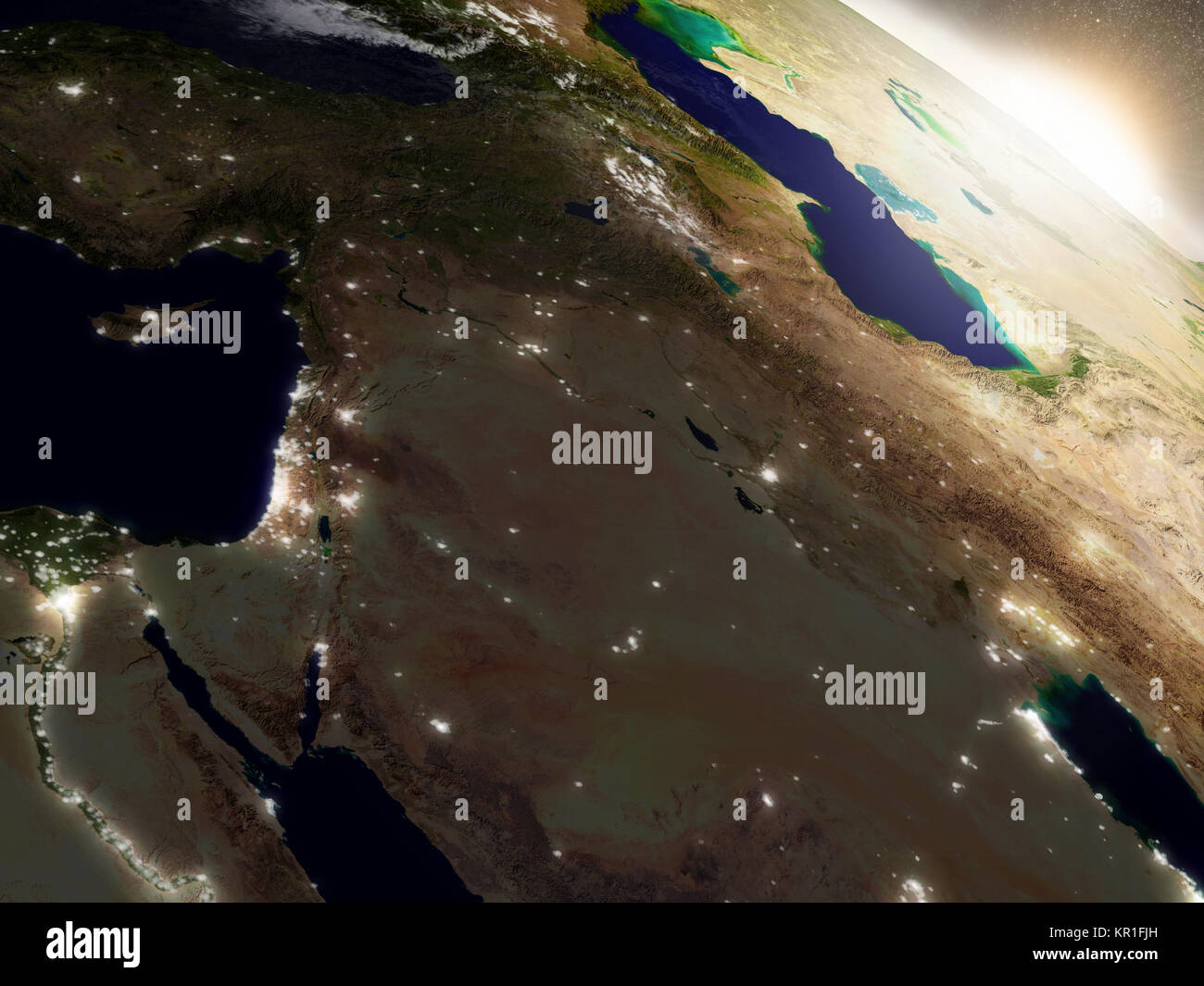 Sonnenaufgang über Israel, Libanon, Jordanien, Syrien und Irak region Stockfoto
