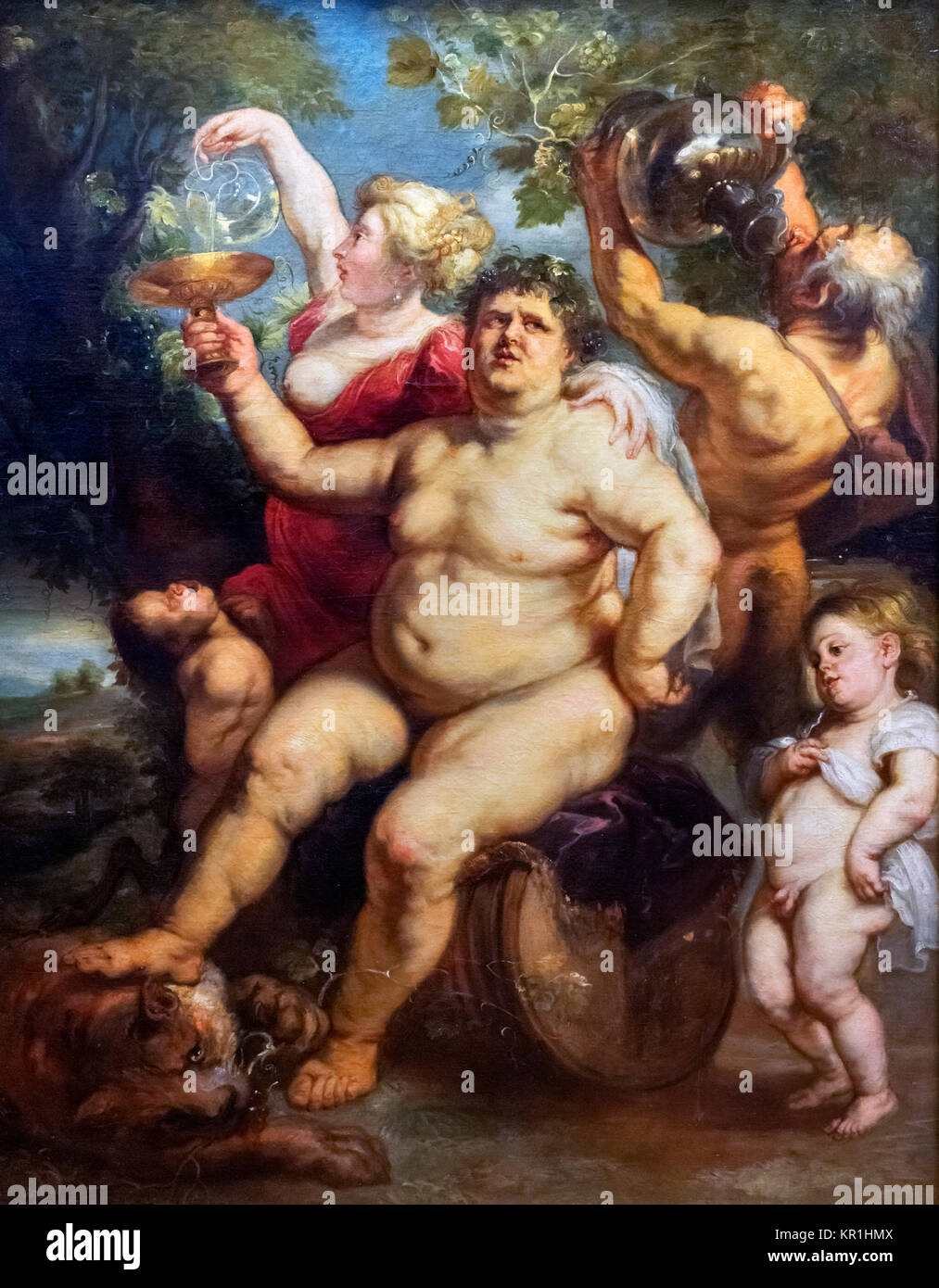 Bacchus. Gemälde Bacchanalia von Peter Paul Rubens (1577-1640), Öl auf Leinwand, um 1635-40. Es zeigt Bacchus (oder Dionysos), den Gott des Weins. Stockfoto