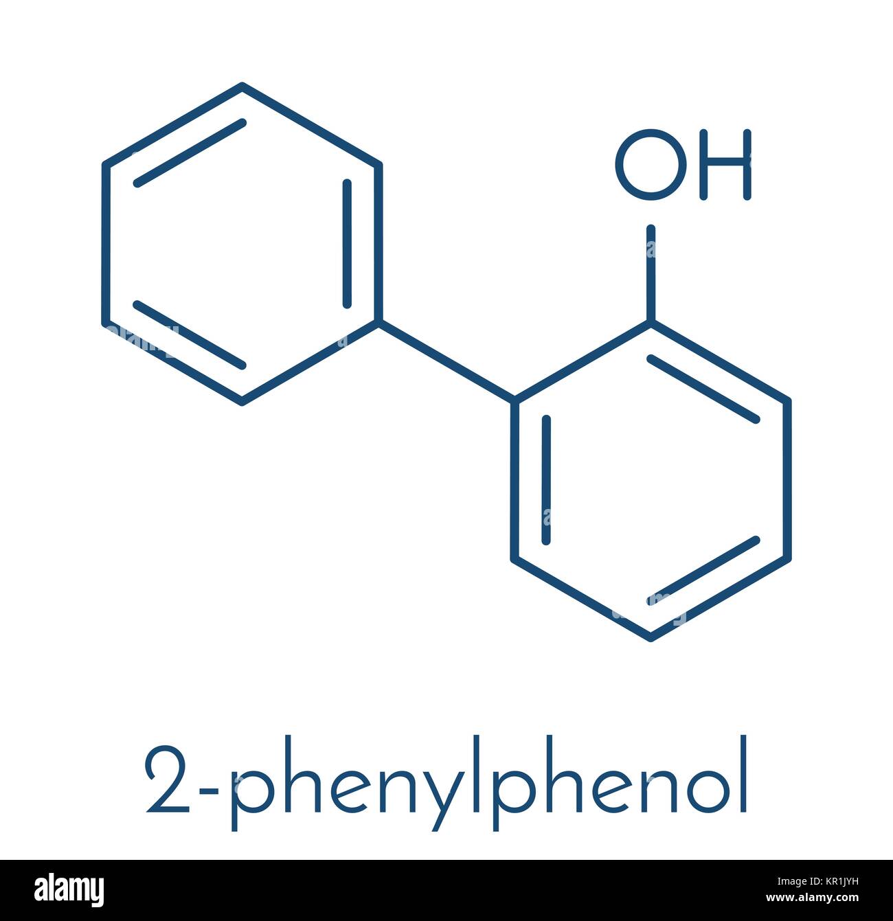 2-phenylphenol Konservierungsmittel Molekül. Biozid verwendet als Lebensmittelzusatzstoff, Konservierungsmittel, und Desinfektionsmittel. Skelettmuskulatur Formel. Stock Vektor