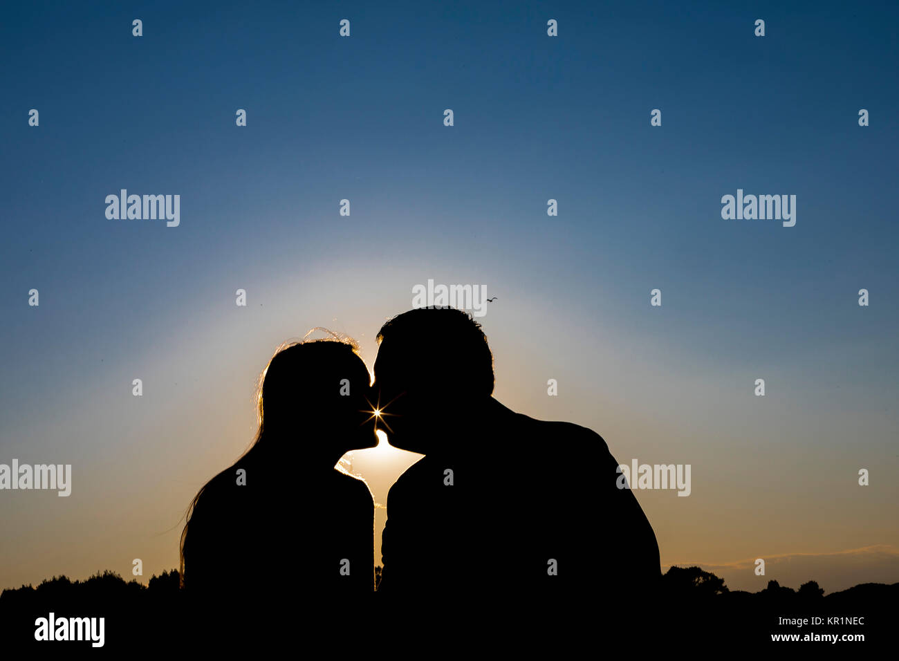 Silhouette paar küssen Stockfoto