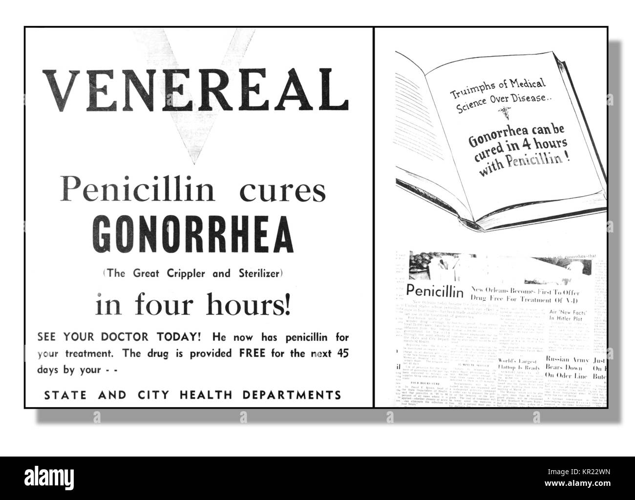 Ein Plakat zur Förderung der Verwendung von Penicillin in der Behandlung von gonorrhea, 1972. Dieses Plakat wurde während des Zweiten Weltkrieges dargestellt, um die Vorteile der Verwendung von Penicillin zu fördern, um Gonorrhea zu kurieren. Mit freundlicher CDC/Kay Latimer. Stockfoto