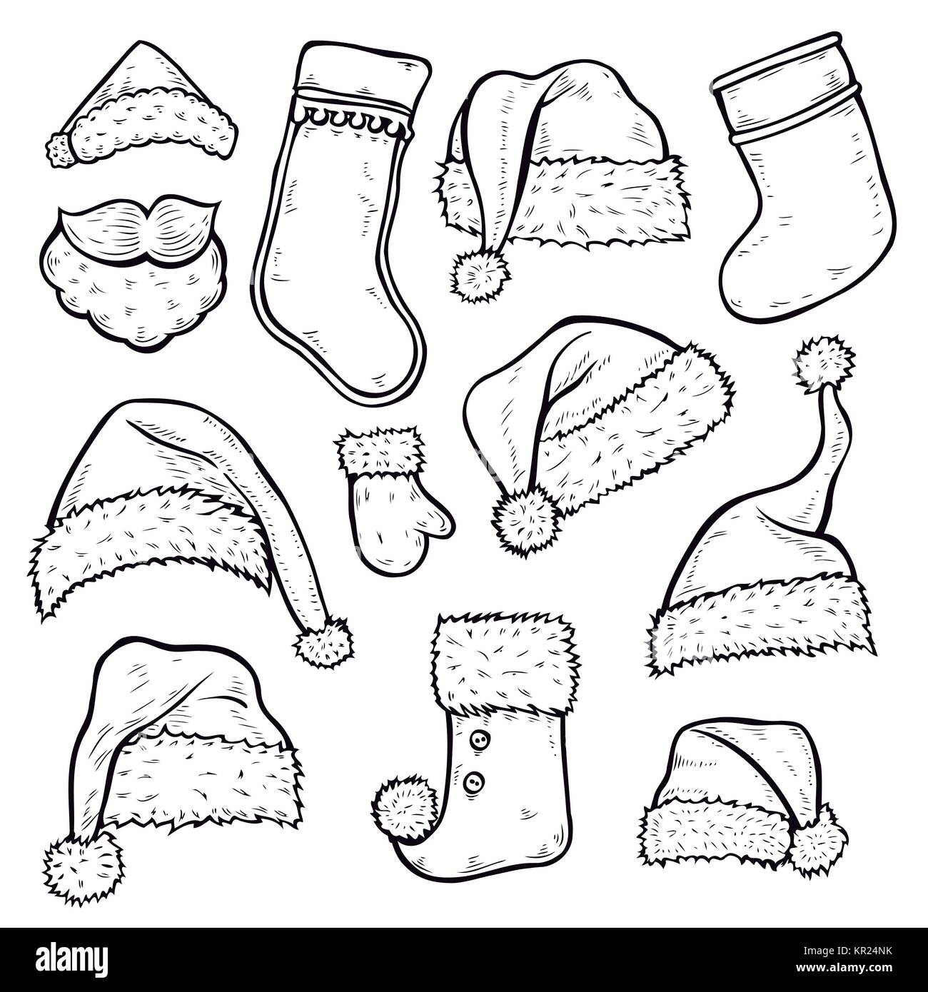 Winterkleidung. Santa stocking Cap. Gestrickte Mützen und Schals. Monochromen Vector Illustration Stock Vektor