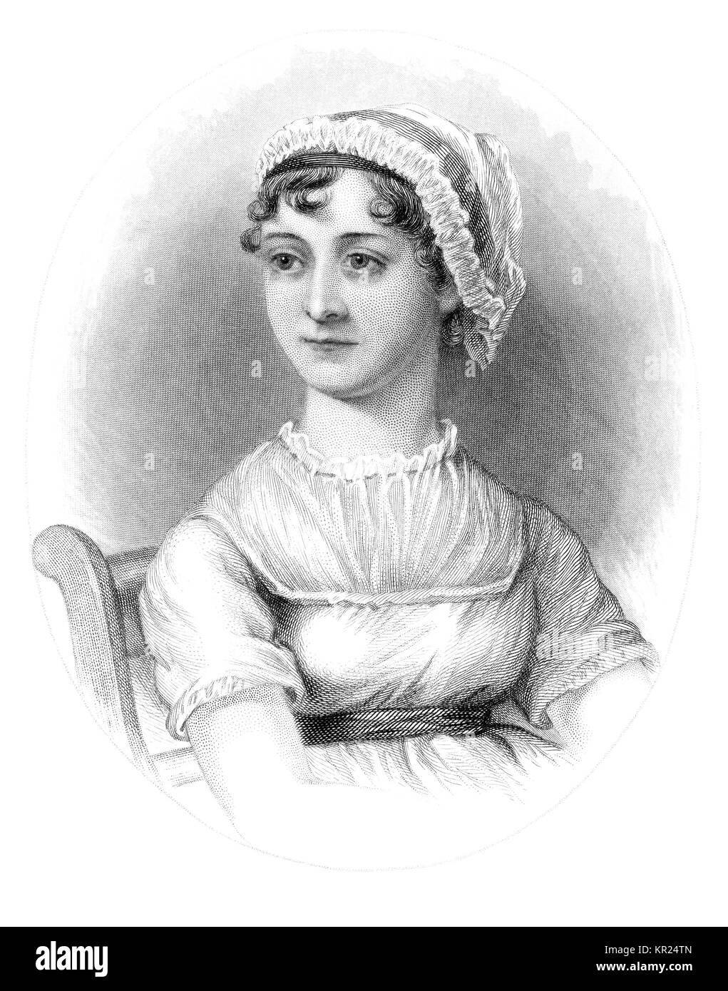 JANE AUSTEN (1775-1817) englischer Schriftsteller in einem Gebäude aus dem 19. Jahrhundert Gravur auf ein Porträt von ihrer Schwester Cassandra über 1810 basiert Stockfoto