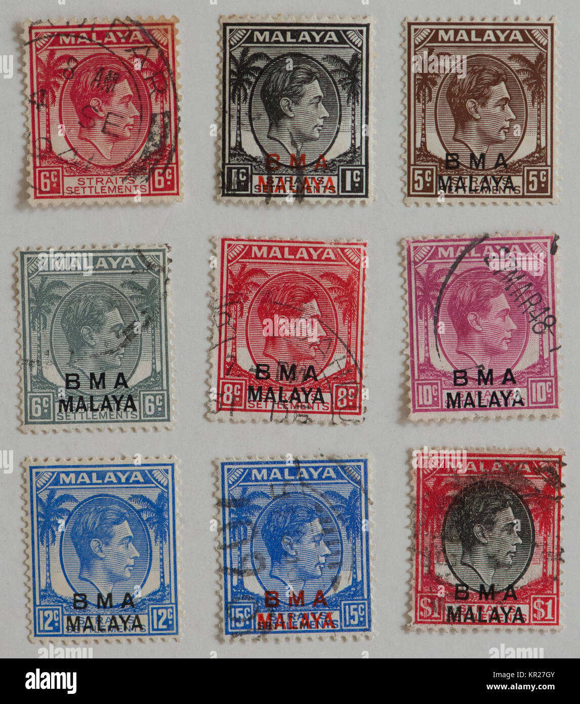 Briefmarken aus der ehemaligen britischen Kolonie Malaya mit Aufdruck BMA Malaya Stockfoto