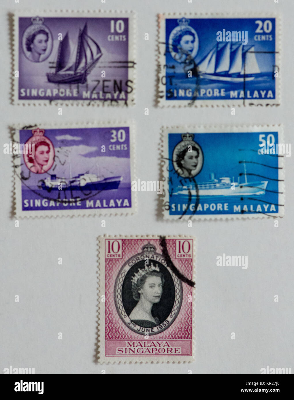 Briefmarken aus der ehemaligen britischen Kolonie Singapur und Malaysia Stockfoto