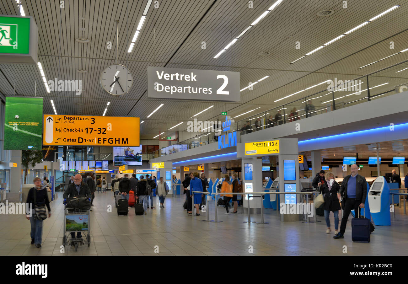 KLM, Flughafen Schiphol, Amsterdam, Niederlande, Flughafen Schiphol, Niederlande Stockfoto