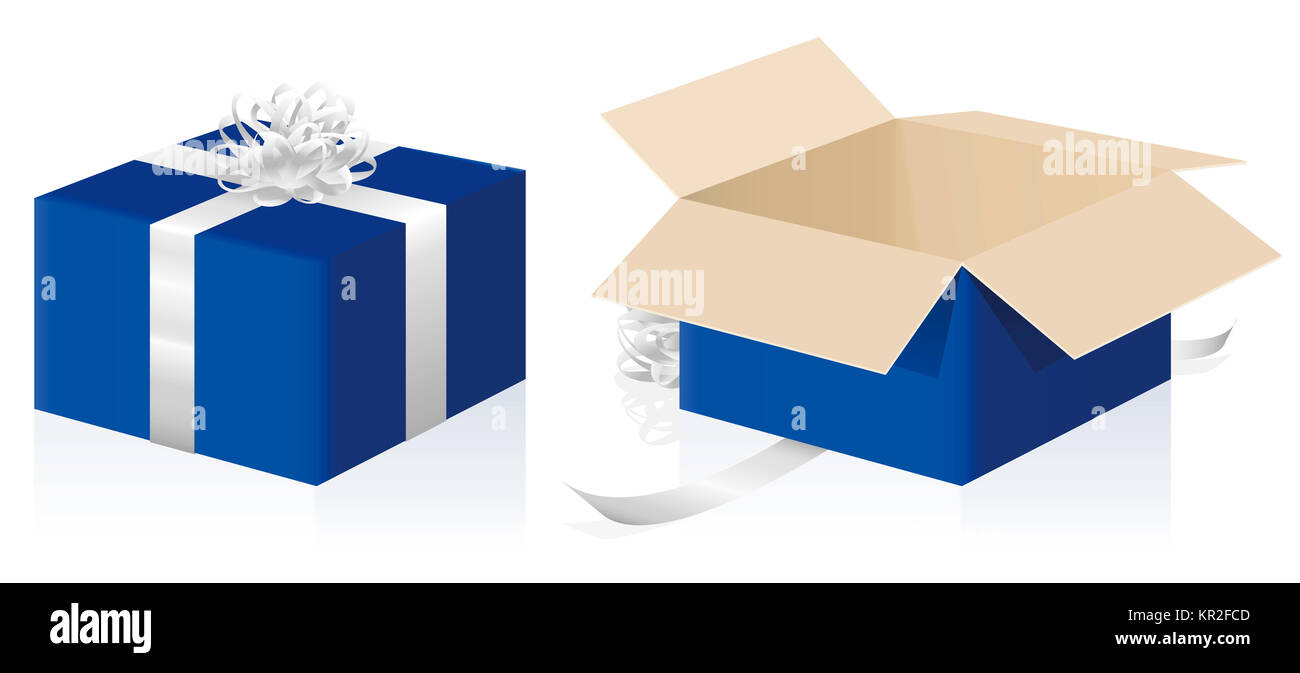 Geschenkpaket, verpackt und unverpackt blau Paket, geschlossen und geöffnet vorhanden Karton - 3 Abbildung d auf weißem Hintergrund. Stockfoto