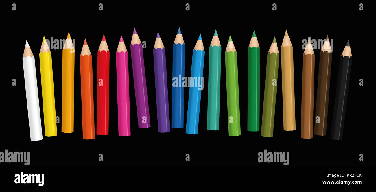 Kurze Stifte - kleine farbige baby Bleistift Sammlung lose angeordnete - Abbildung auf schwarzen Hintergrund. Stockfoto