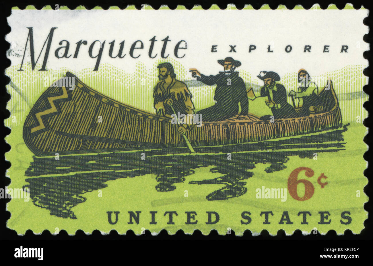 USA - ca. 1968: einen Stempel in den Vereinigten Staaten von Amerika gedruckt zeigt Vater Marquette (1637-1675) und Louis Jolliet Erkundung der Mississippi, ca. 19. Stockfoto