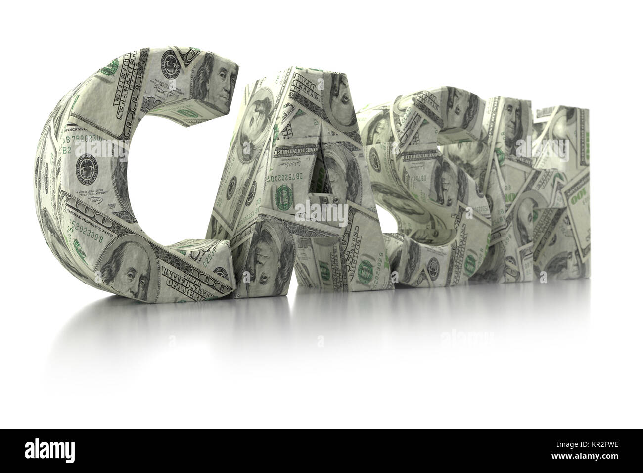 3D-Rendering von CASH Wort herum mit 100 USD Banknoten auf weißem Hintergrund gewickelt Stockfoto