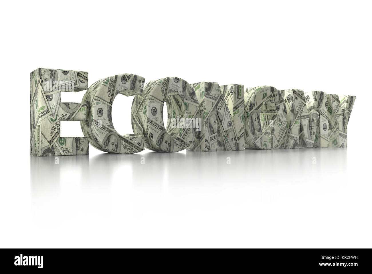3D-Rendering von Wirtschaft Wort herum mit 100 USD Banknoten auf weißem Hintergrund gewickelt Stockfoto