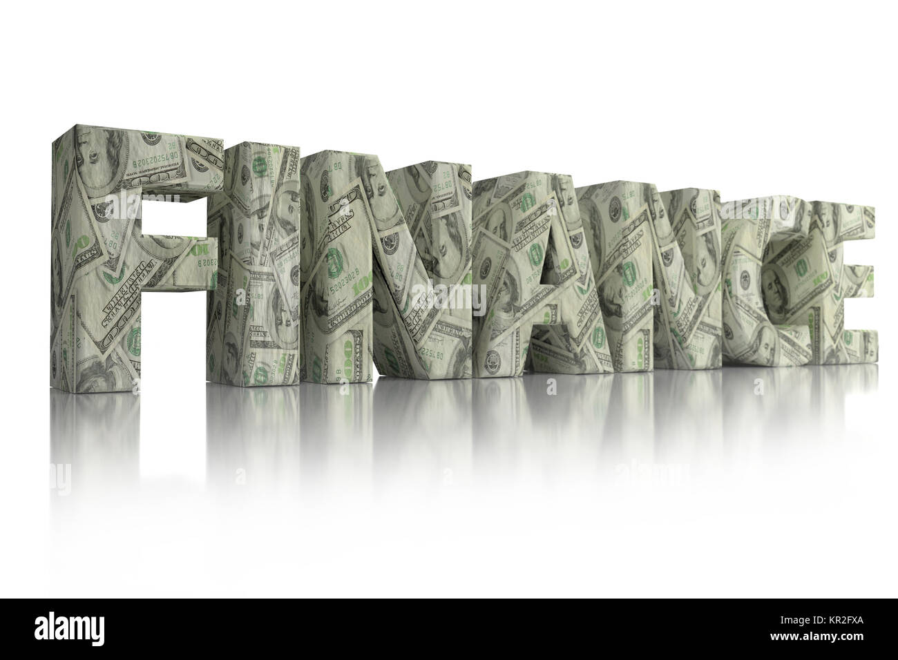 3D-Rendering der Finanzen Wort herum mit 100 USD Banknoten auf weißem Hintergrund gewickelt Stockfoto