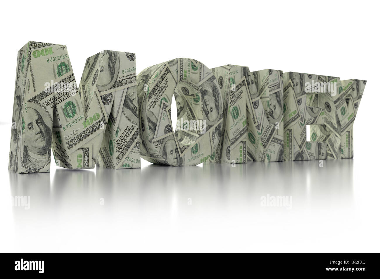 3D-Rendering des Geldes Wort umwickelt mit 100 USD Banknoten auf weißem Hintergrund Stockfoto