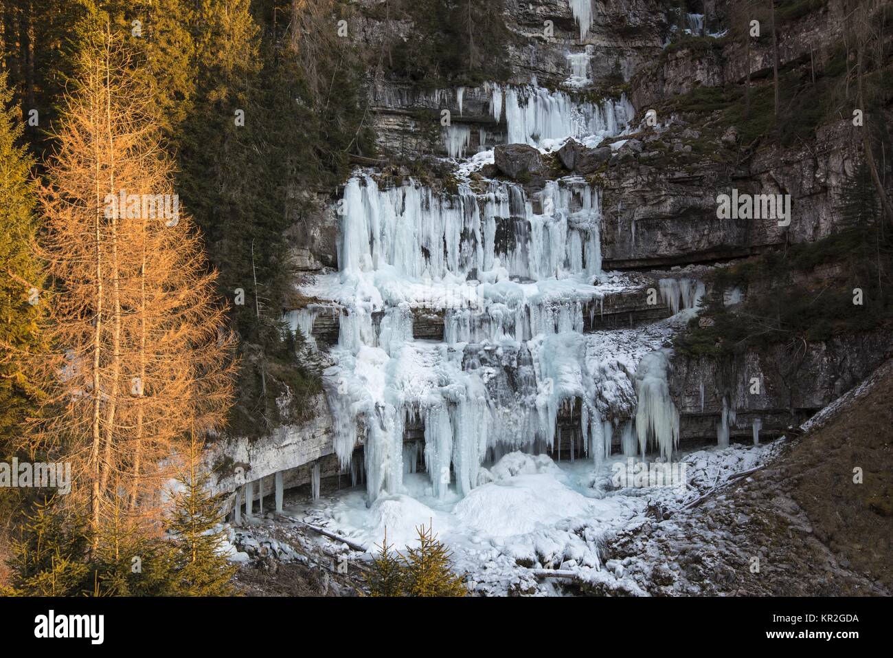 Cascate di Vallesinella erwähnen, gefrorenem Wasserfall Stockfoto