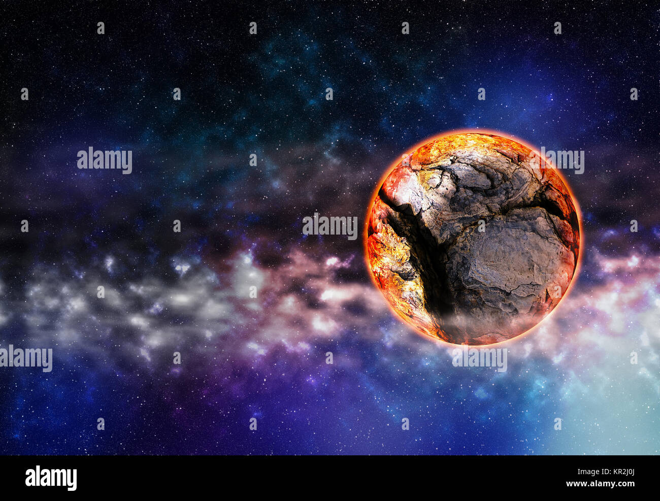 Horizontale rechts ausgerichtete gerissenen Planeten im Weltraum-Hintergrund Stockfoto