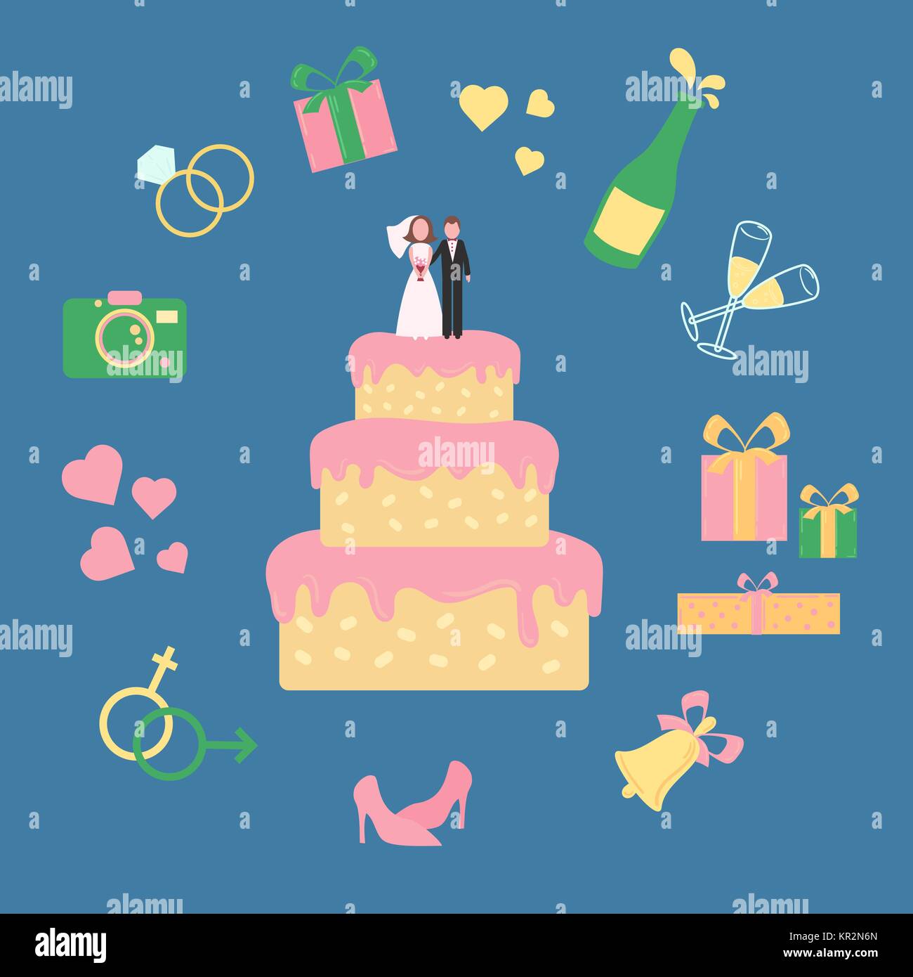 Hochzeit rosa Rahmspinat Kuchen mit statuette von Bräutigam und Braut. Icon Set inklusive Champagner Bell schuhe Herzen ringe Gläser, Geschenkverpackung und Kamera. Vektor Stock Vektor