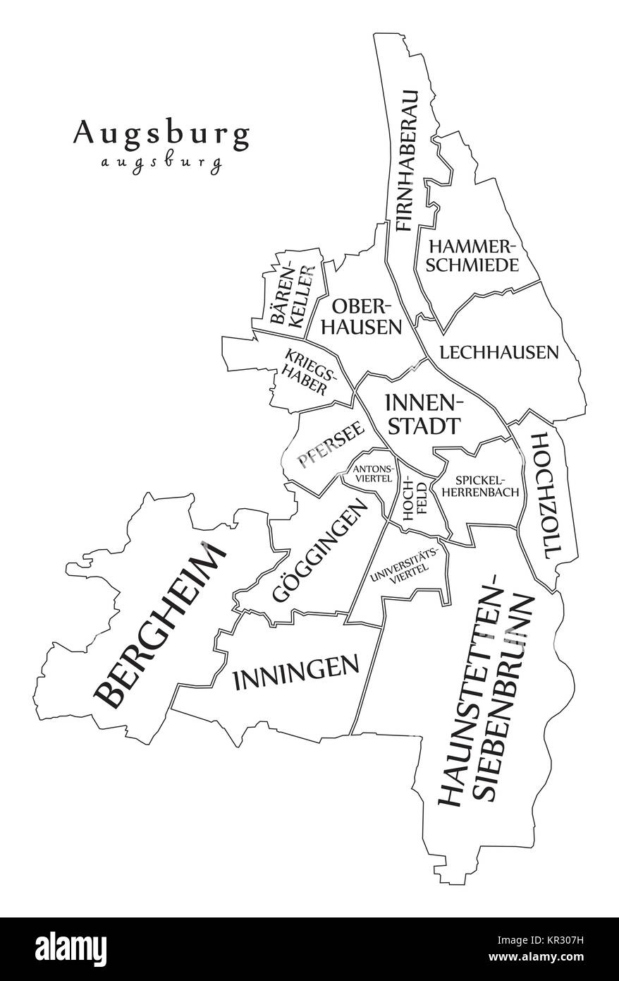 Moderne Stadtplan - Augsburg Stadt Deutschlands mit Bezirken und Titel DE Übersichtskarte Stock Vektor