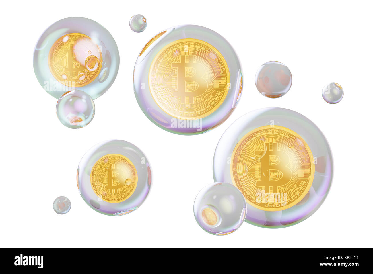 Finanzblase Konzept. Bitcoins in Seifenblasen, 3D-Rendering auf weißem Hintergrund Stockfoto