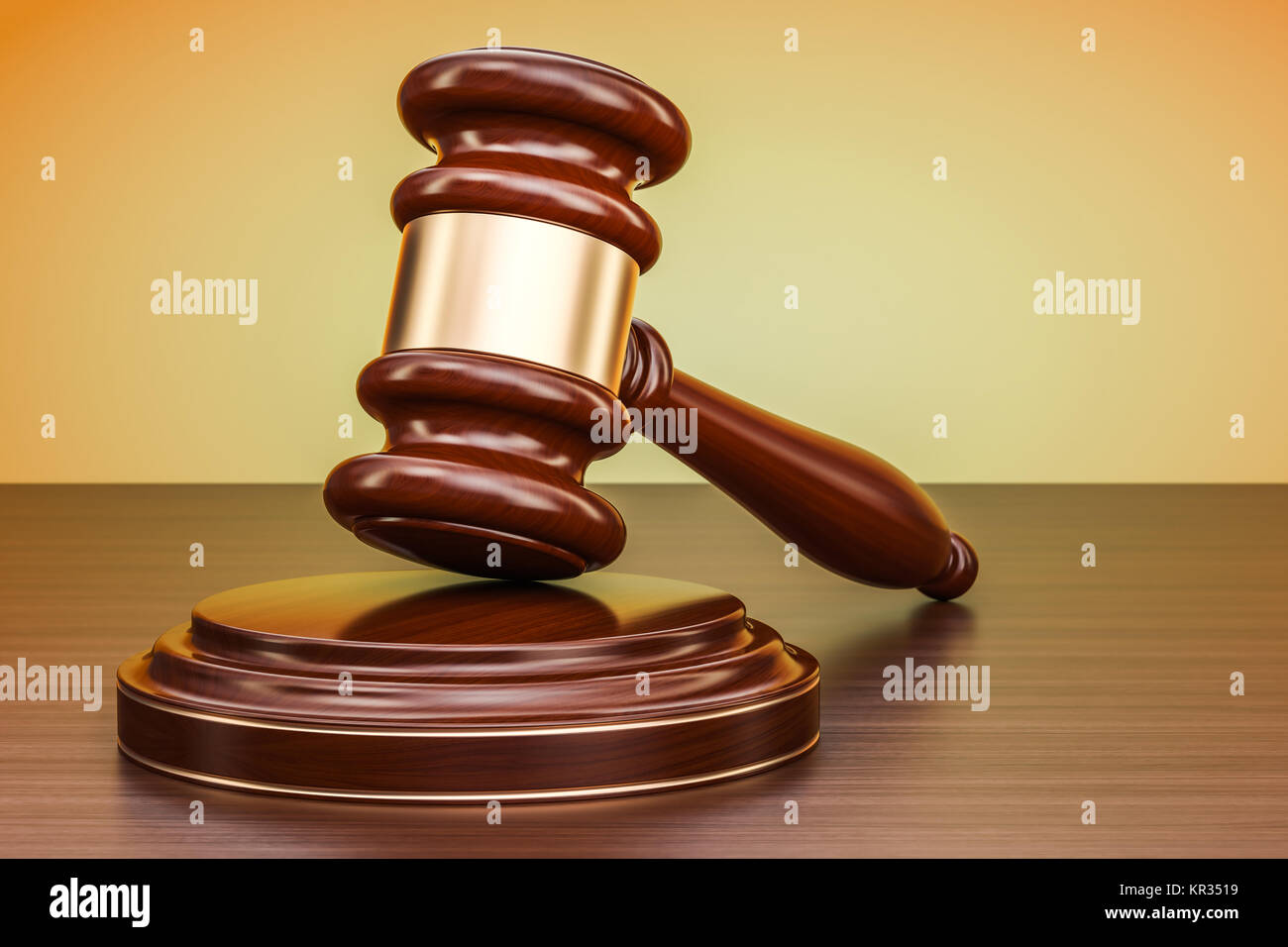 Gesetz und Gerechtigkeit Konzept. Holz- Hammer auf den Tisch, 3D-Rendering Stockfoto