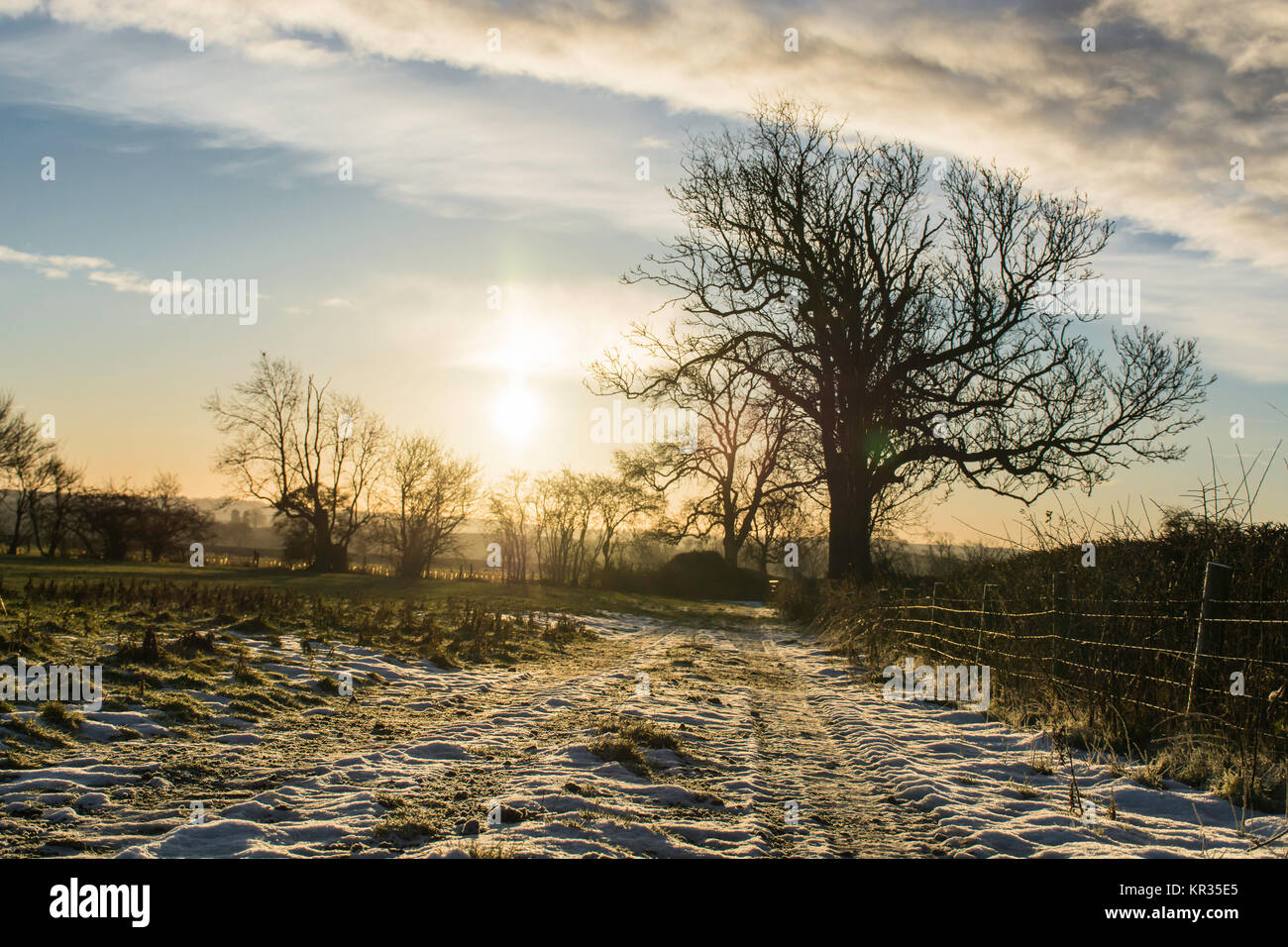 Eine verschneite Lane in Leicestershire bei Sonnenaufgang Stockfoto