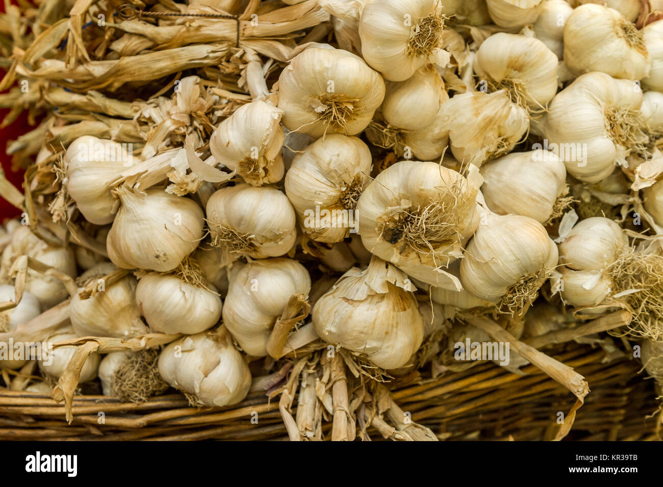 Knoblauch Zwiebeln in einem Korb im Englischen Markt, Cork, Irland. Stockfoto