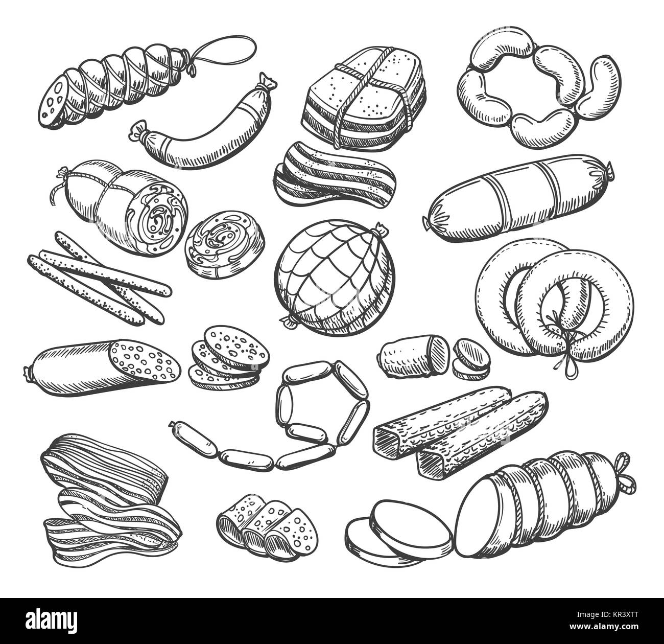 Würstchen Skizze. Vintage Wurst und Fleisch essen Vektor Doodles