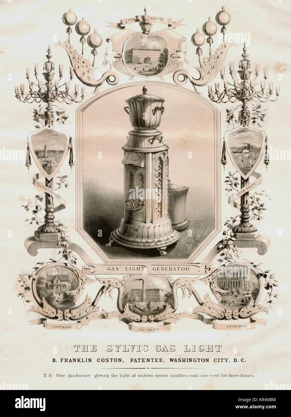 Die sylvic Gas light B.Franklin Coston, Patentinhaber, Washington, D.C. - Ein gasbrenner das Licht von sechzehn Samenzellen Kerzen kosten 1 Cent für drei Stunden. Stockfoto