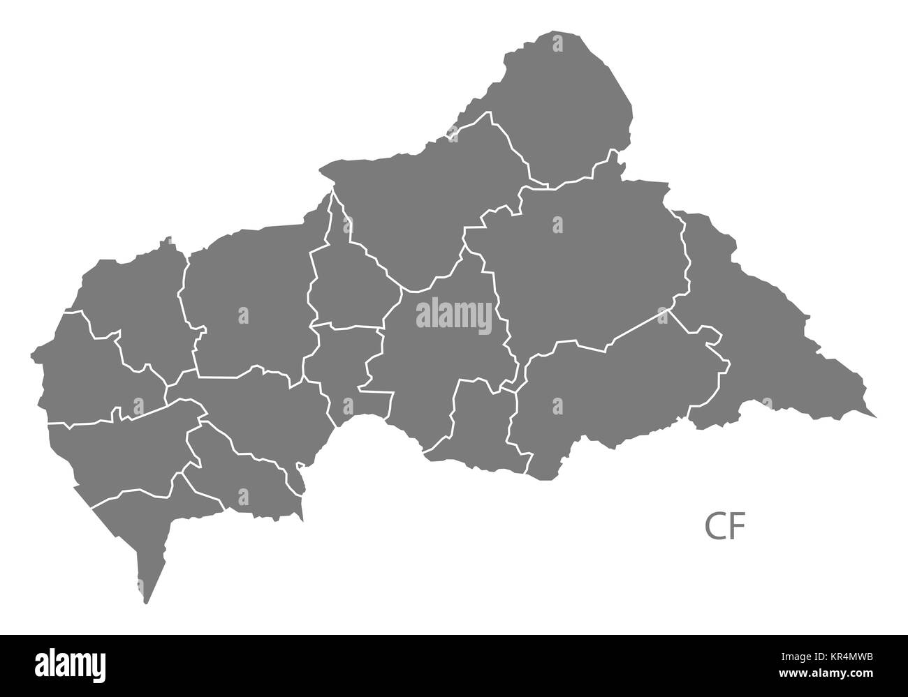 Zentralafrikanische Republik Präfekturen Karte grau Stockfoto