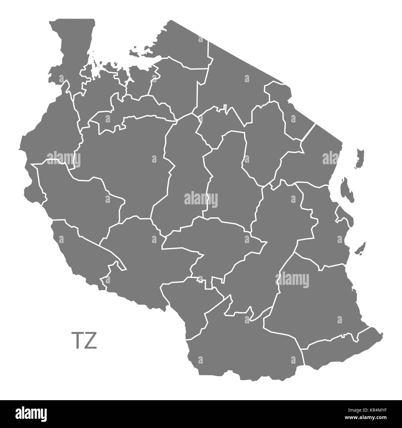 Tansania Regionen Karte grau Stockfoto