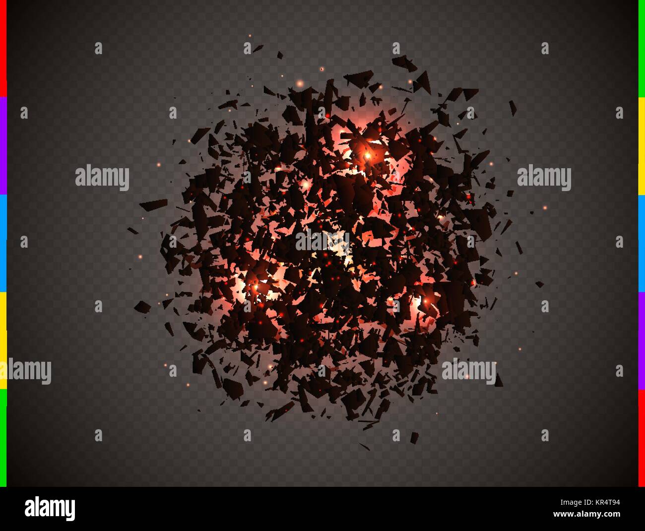 Abstrakte explosion Wolke von schwarzen Teile mit roten Flare und Funken. Explosive Zerstörung. Partikel auf transparenten Hintergrund. Vector Illustration Stock Vektor