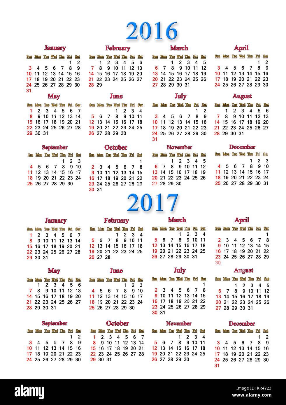 Kalender für 2016 und 2017 Jahre Stockfoto