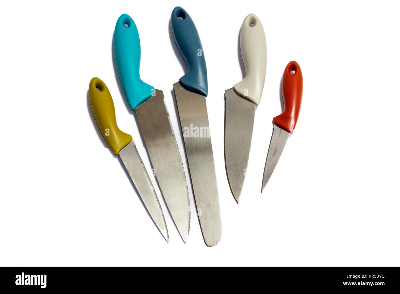 Eingestellt von Küchenmessern auf weißem Hintergrund Stockfoto